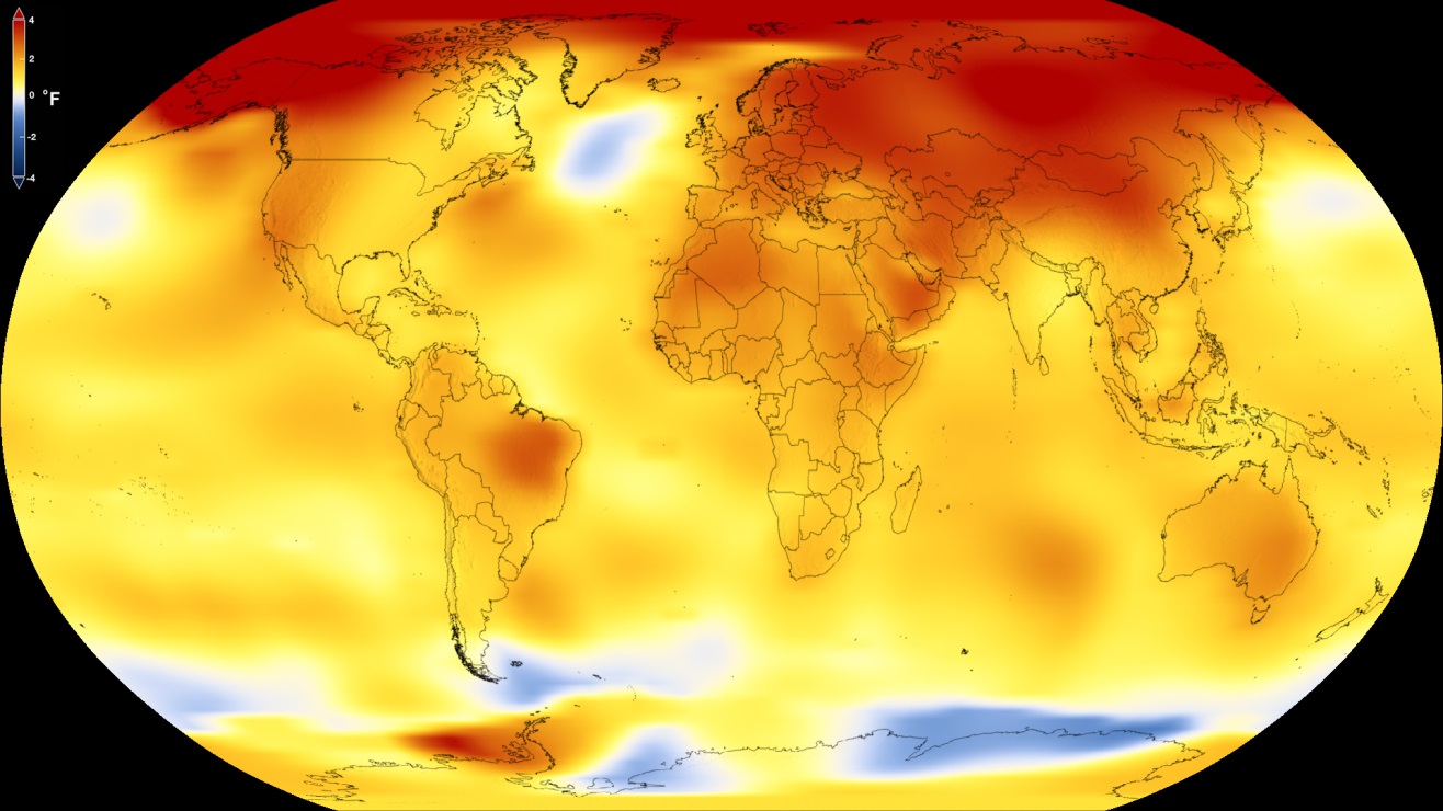 Auf dem Bild ist eine Weltkarte zusehen. Fast alle Flächen sind gelb bis rot eingefärbt. Das bedeutet, dass diese Regionen wärmer geworden sind. Verglichen wurde der Durchschnitt der Erde von 2013 bis 2017 (aktuelle Situation) im Vergleich zu einem weiter zurückliegenden Referenzzeitraum (Durchschnitt der Jahre 1951 bis 1980).